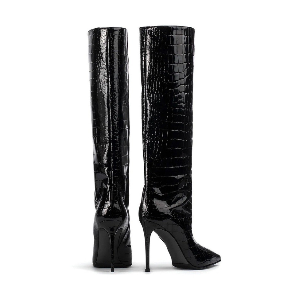 Micas Black Croc Embossed Knee High Boots Pointed Toe Stiletto Women Size 6.5